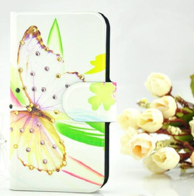 Кожени калъфи Кожени калъфи за HTC Кожен калъф тефтер с 3D камъни и клипс за HTC Desire 500 бял с пеперуда